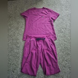 Womens Pink/Magenta Figs Scrub Set With Teal Drawsteing Size L